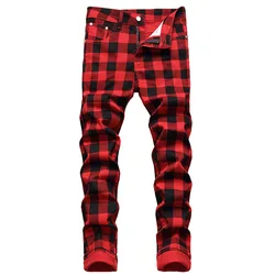 European Style Plaid Mens Jeans 2022 Mens Fashion Slim Denim Pants Biker Hip Hop Casual Elastic Waist Printed Trousers