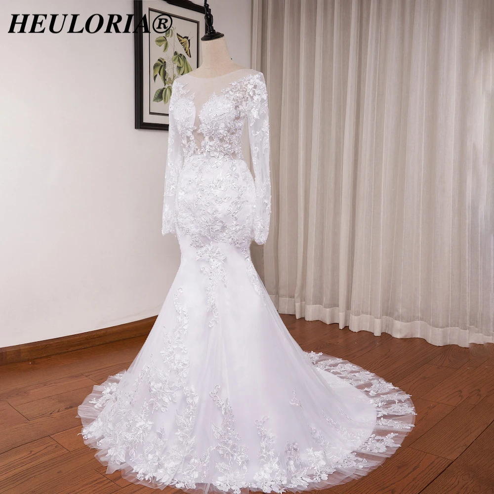 HEUIA LORIA-Personalizado Manga Longa Vestidos De Casamento De Renda, Vestido De Noiva Applique Beading, Robe De Casamento