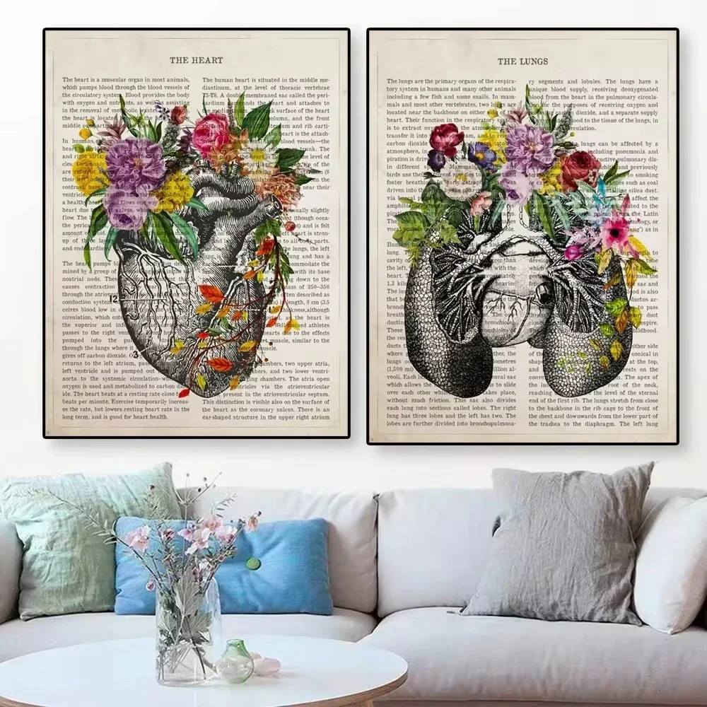 Vintage Human Anatomy Flowers Art Poster Print Canvas Painting Medical Heart Anatomy Wall Picture For Hospital Clinic Decor