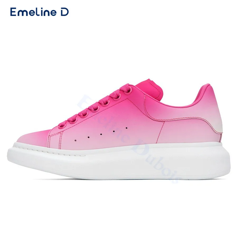 Pink and White Gradient Thick-Soled Lace-Up Shoes Round Toe and Comfortable Casual Shoes with Large Size and Fashionable Shoes