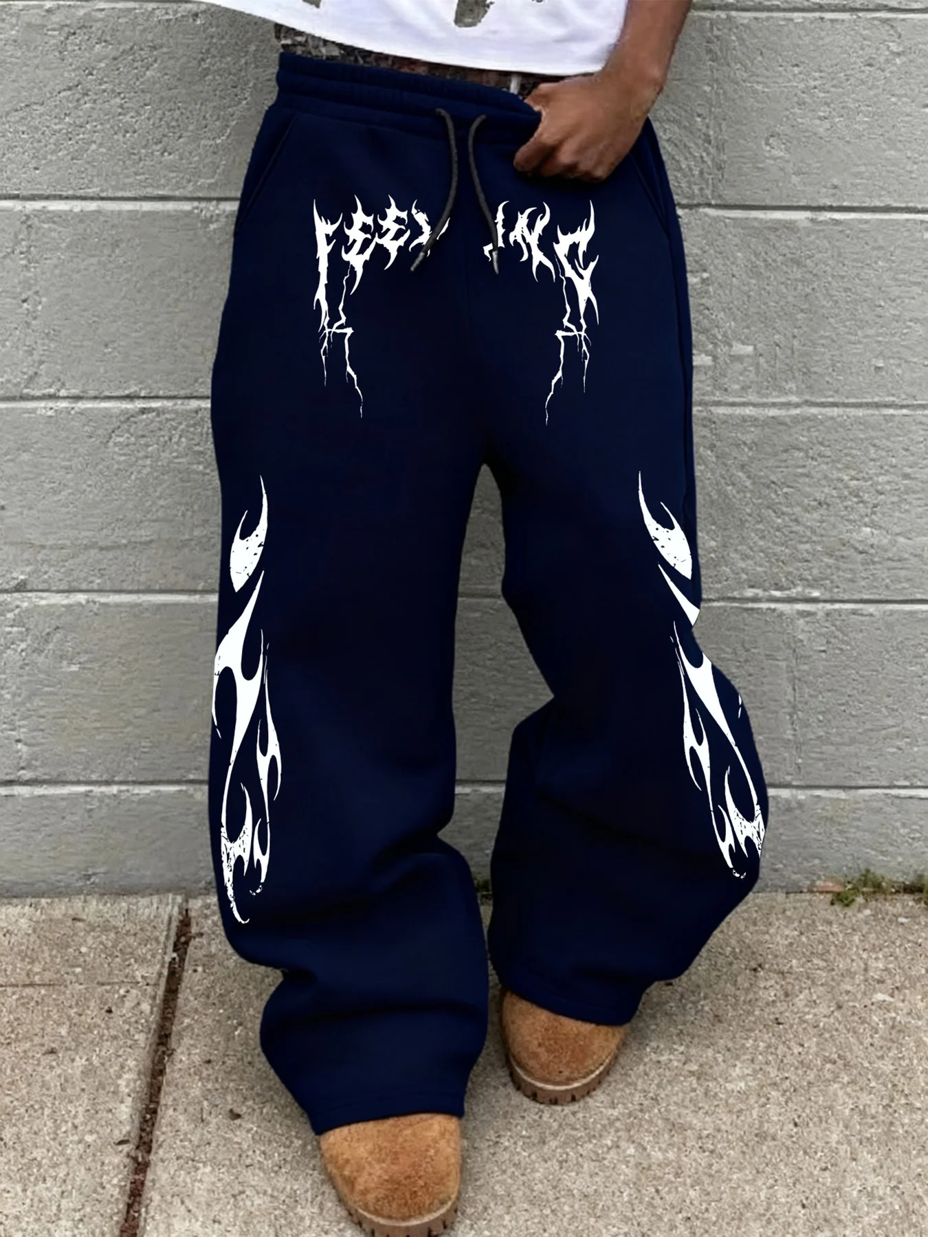 Men's Flame Letter Print Straight‑Leg Pants, Polyester Casual Drawstring Joggers, Hip Hop Streetwear Daily Wear Sports Trousers