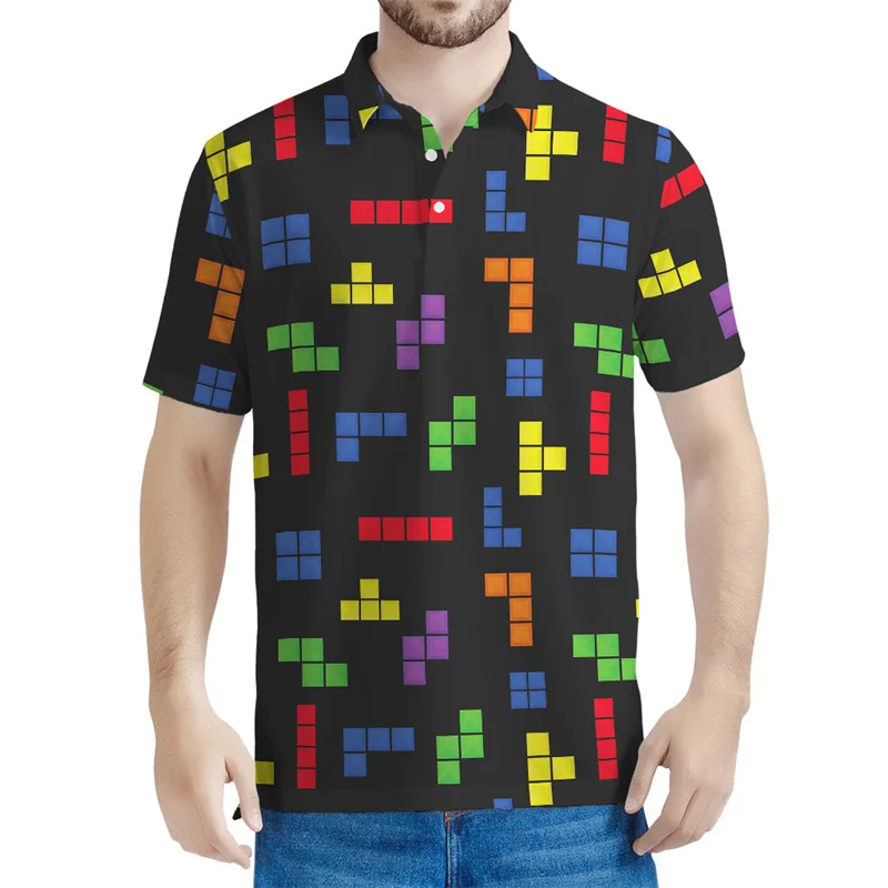 Men's Black Tetris Game Colorful Block Print Short Sleeve Polo Shirt Retro Gaming Style Daily Casual Top