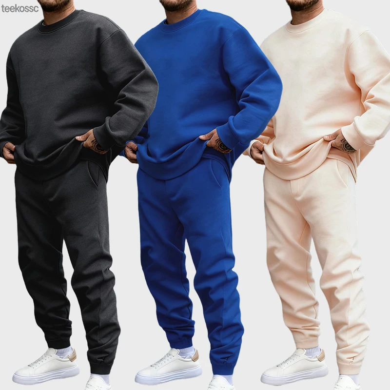 

Solid Autumn Winter New In Men's Set Basics Comfy Warm Sweatshirts Fleece Casual Sportpants Jogging Sets Soft Sports Streetwears