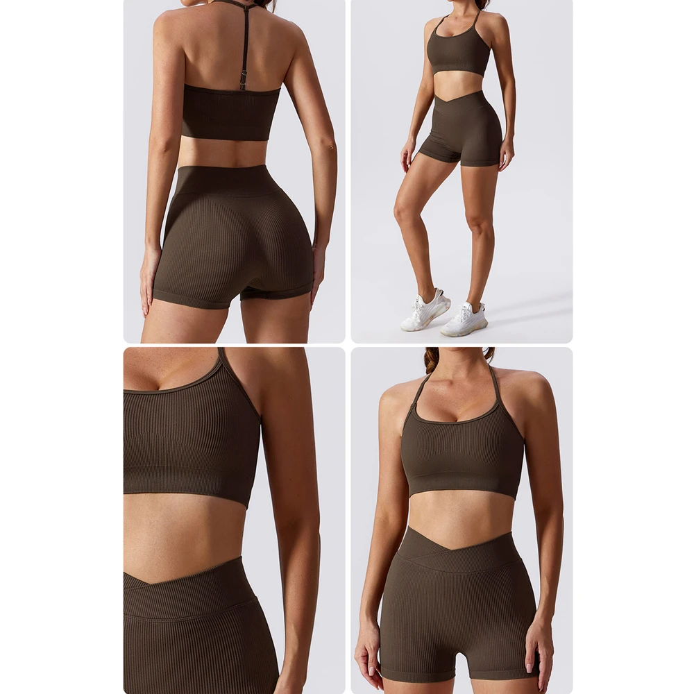 2024 1/2PCS Women Bandage Seamless Yoga Set Fitness Gym Workout Pant Sport Bra High V Waist Shorts Scrunch Leggings Active Suits