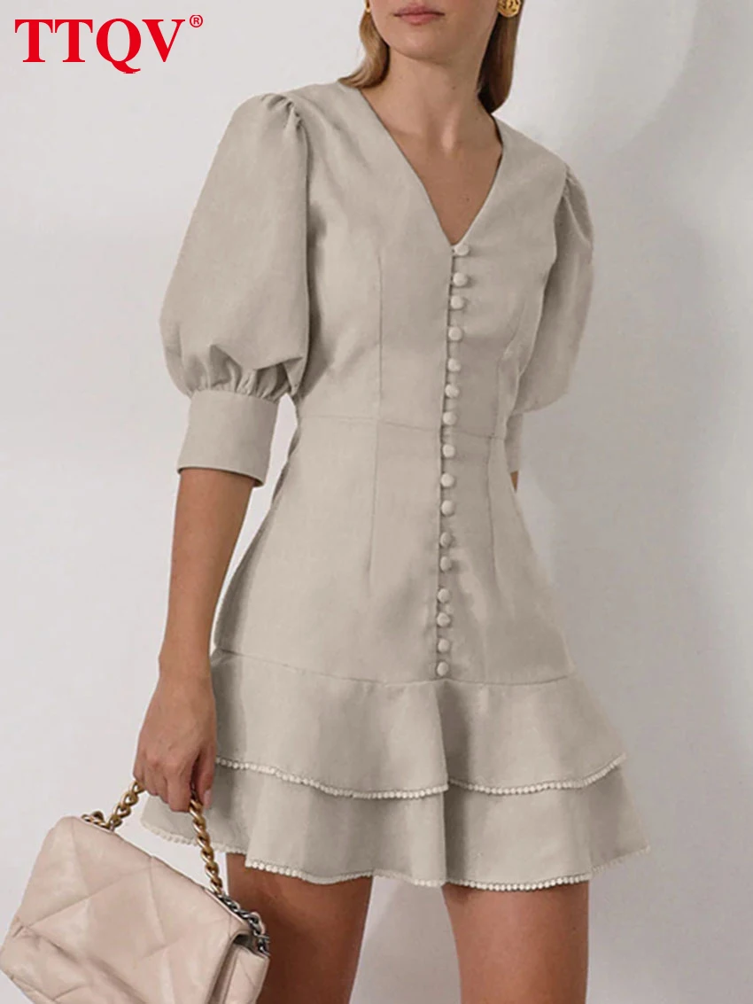 

TTQV Summer Slim Khaki Linen Women's Dress 2025 Fashion V-Neck Short Sleeve Mini Dresses Elegant Classic Pleated Female Dress