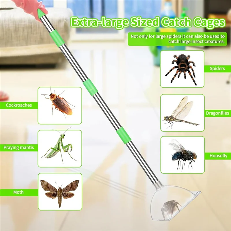 ABJO-Spider and Insect Catcher - ماكينة صيد العنكبوت ذات المقبض الطويل مقاس 32 بوصة قابلة للتعديل والإصدار، ماكينة صيد الحشرات بدون تلامس