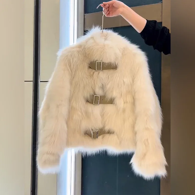 Veste en fausse fourrure de renard pour femme, manteau en peluche à col montant, élégant, boucle en cuir, vêtements d'extérieur de luxe, mode automne hiver