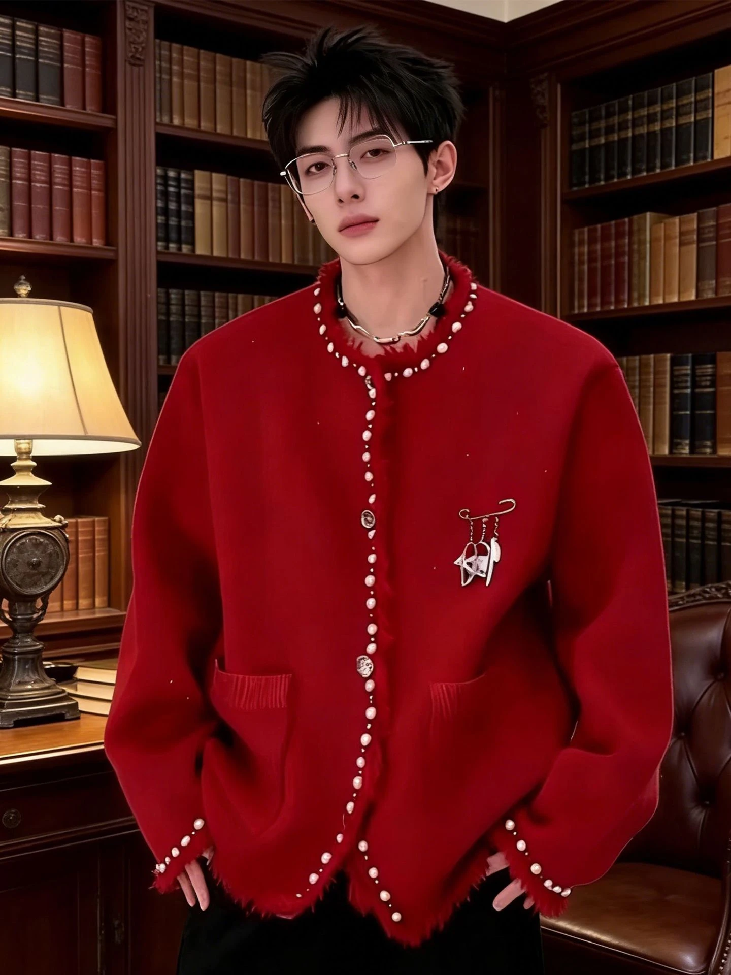 

Мужской вязаный свитер Red Zodiac Year, роскошный повседневный стиль, длина до плеч, новогодняя модная верхняя одежда с длинным рукавом