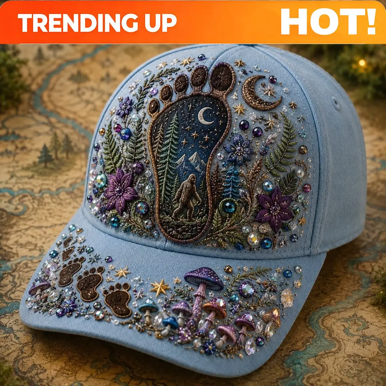 Customization Unisex Bohemian Sasquatch Baseball Cap - Light Blue Woodland Hat With Footprint, Crescent Moon &, Suitable For Men