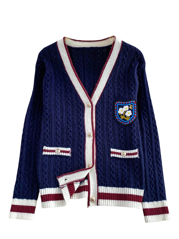 Ele V-ne محبوك سترة المرأة الحلو المطرزة تويست تصميم خفيفة الوزن زر واحد ملابس خارجية غير رسمية Faion