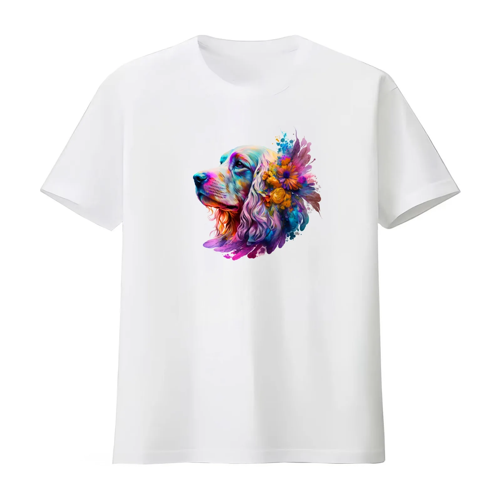 flower floral cocker spaniel portrait T-Shirt Summer Casual Cotton Tee Oversized Streetwear Tops Vintage Graphic Print