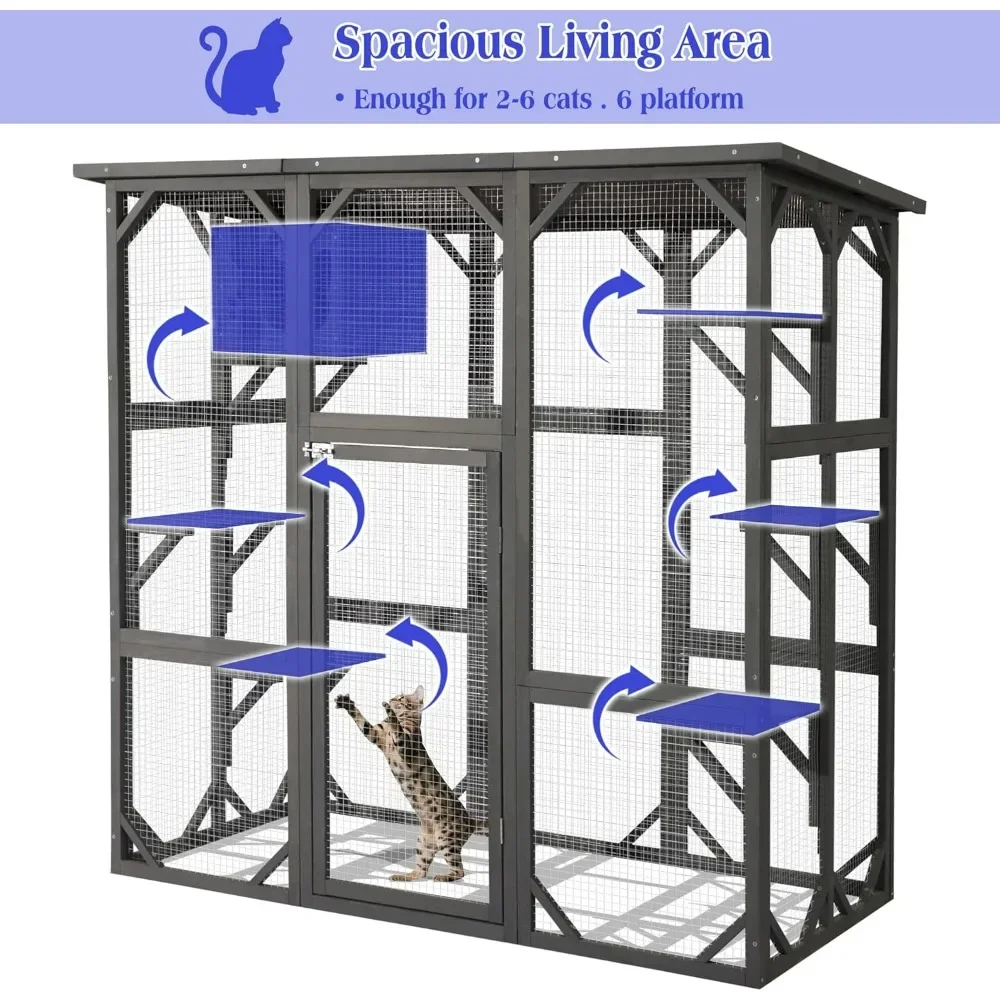 Large Outdoor Cat House, Wooden Cage with Weatherproof Large Run, Jumping Platforms for Play Catio Cats Patio with Large Entranc