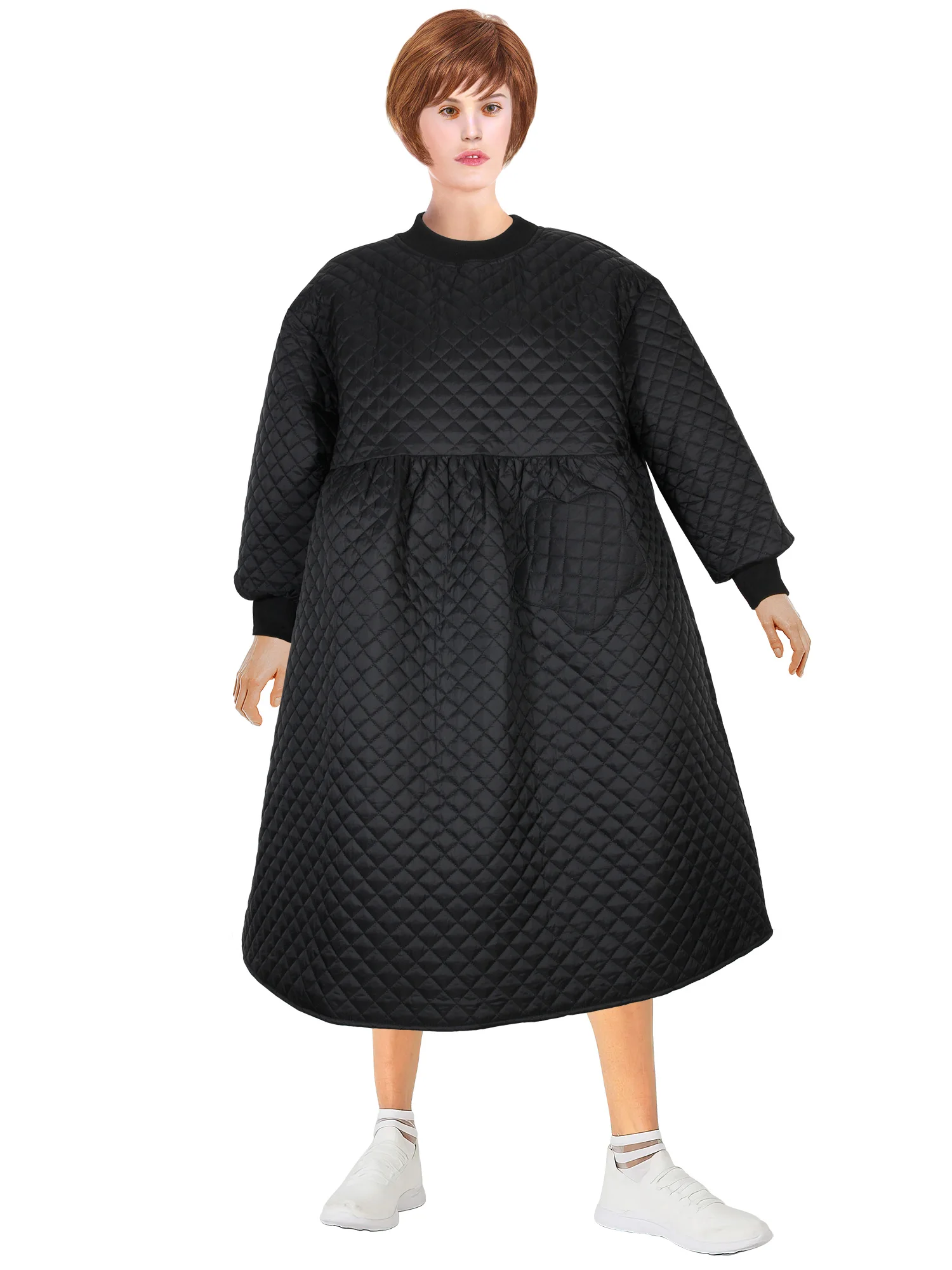 Puff Piece Black Dress Literary Solid Round Neck Large Swing Lantern Sleeve Cotton Coat