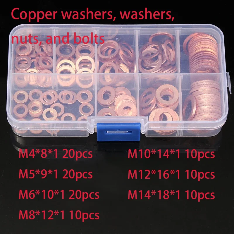 100 PCS Of Copper Washers, Washers, Nuts, And Bolts, With Box M4/M5/M6/M8/M10/M12/M14 Seal Combination Kit For Oil Pan Plugs