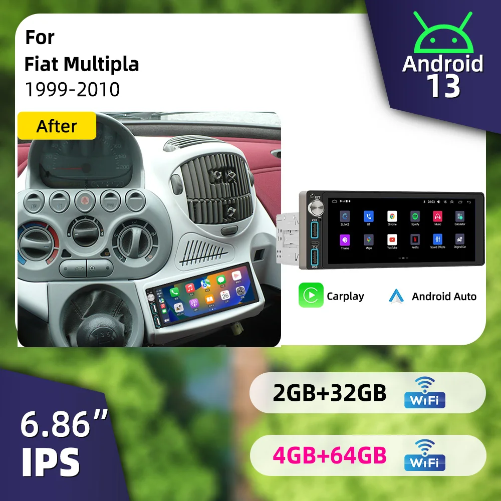 6.86 inch Car Stereo Android 1Din Car Multimedia for Fiat Multipla 1999-2010 Autoradio Radio Head Unit Screen Carplay GPS