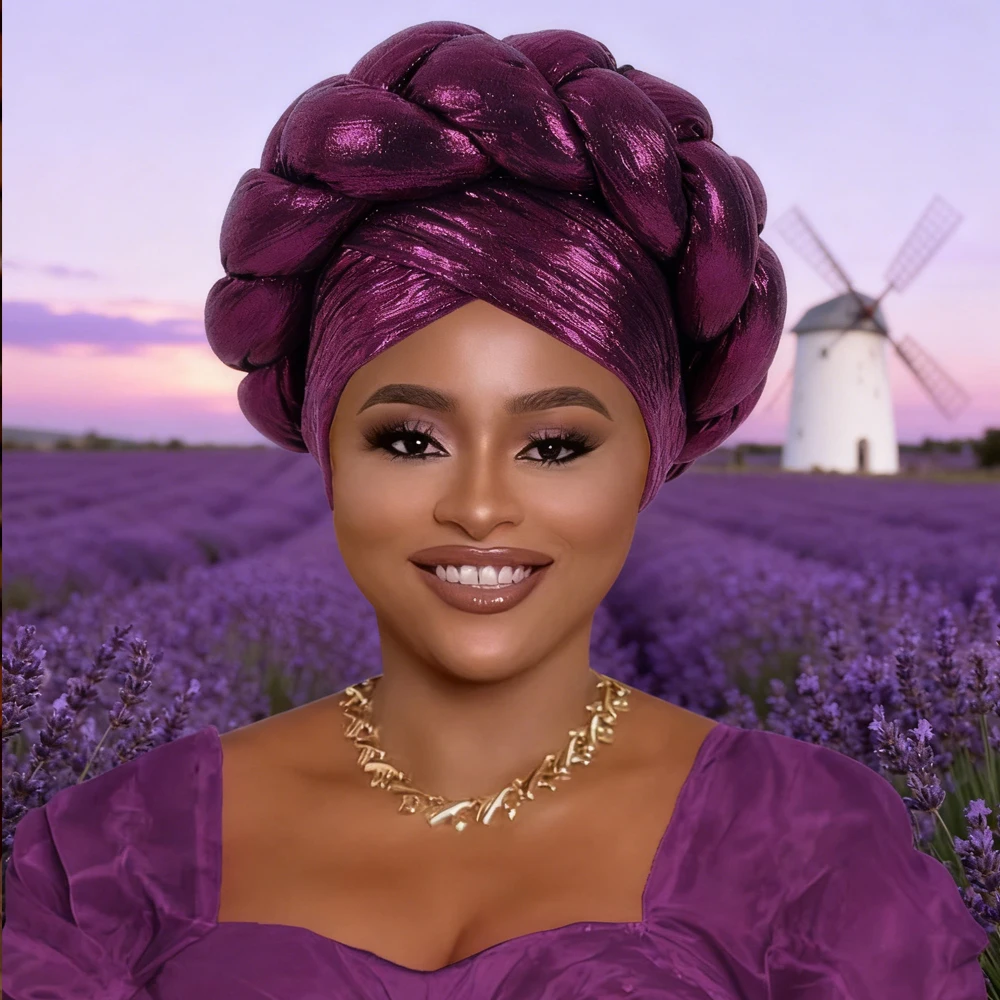

Shinny African Auto Gele Headtie Braid Turban Caps Women Nigeria Wedding Geles Party Headgear Headpiece Muslim Hijab Head Wraps