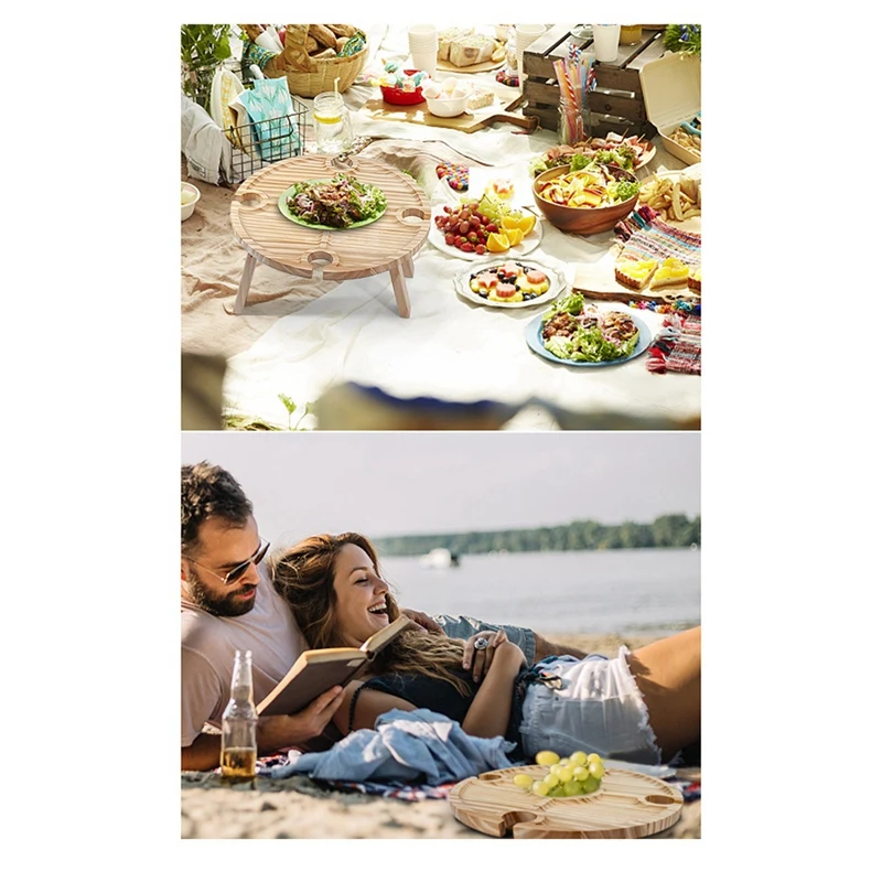 طاولة نزهة خشبية قابلة للطي للاستخدام الخارجي محمولة 2 في 1 رف زجاجي للنبيذ، رف زجاجي للنبيذ قابل للطي للمكتب، صينية نزهة - ROWI