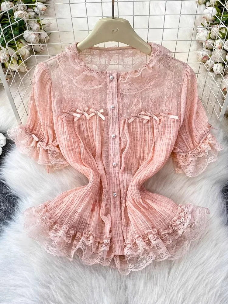 

Fashion Sweet Shirts Peter Pan Collar Puff Sleeve Solid Color Bow Lace Crop Tops Summer Blouses All Match 2025 Women Clothing