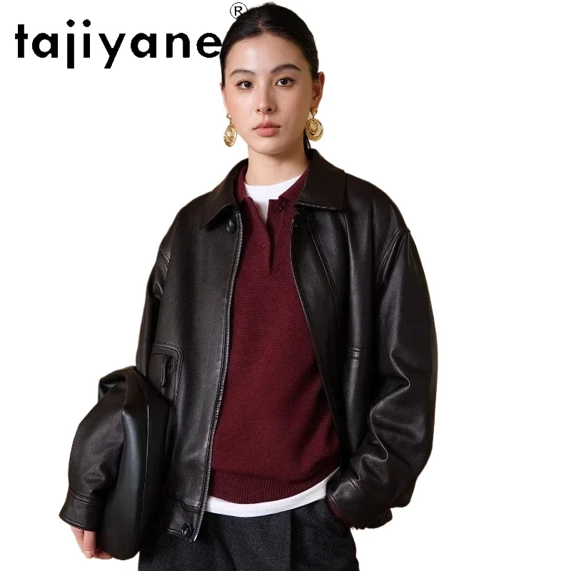 TAJIYANE シープスキンレザージャケット女性ショートスタイリッシュコートカジュアル本革ジャケット 2026 秋の女性服 косуха женская