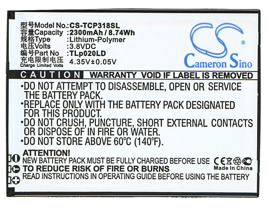 

2300mAh Battery TLp020LD for TCL P307L, P308L, P318L, P586L, P589L, P606L
