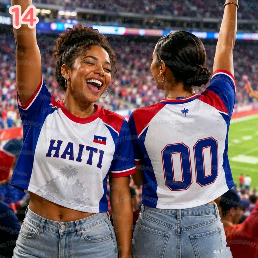 2026 Frauen HAITI Fußball Crop Top Trikot Cheerleader Fußball-T-Shirt Damen Romantik Fußballtrikot, Kurzarm Damen T-Shirt – Detail 8