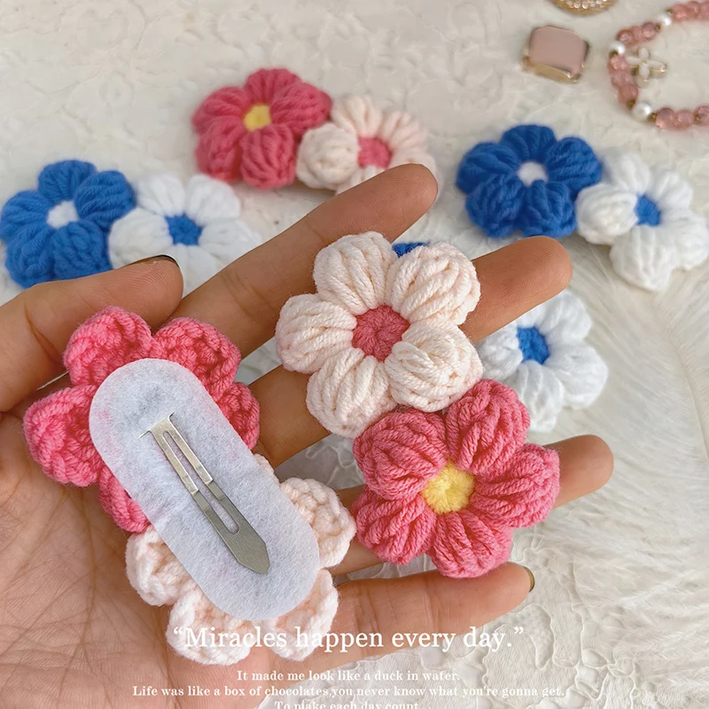 1Pcs Hairs Clips Baby Girls Wool Knitting Headwear Handmade Crochet Small Puff Flower Children Hairpin Kids Hair Accessories