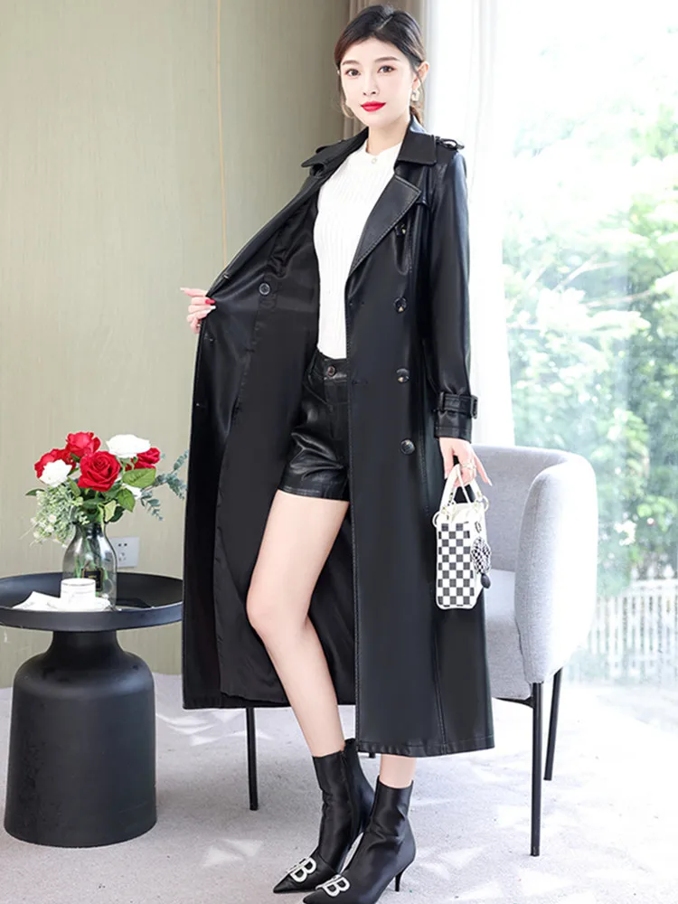 M-7XL Lengthened Women Leather Coat Spring Autumn New Fashion Lacing Slim Jacket Sheepskin Overcoat Long Trench Outerwear Female