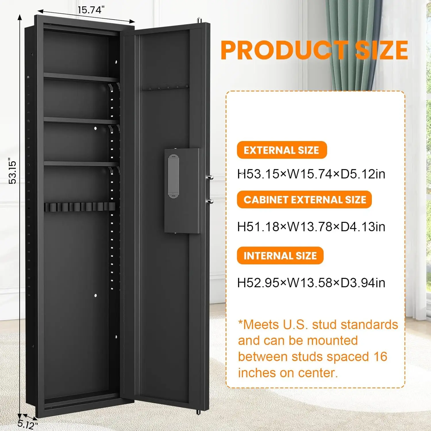 53.15" Wall Safe Between the Studs, Biometric Fingerprint Hidden Safe with Dual Alarm System and Silent Mode