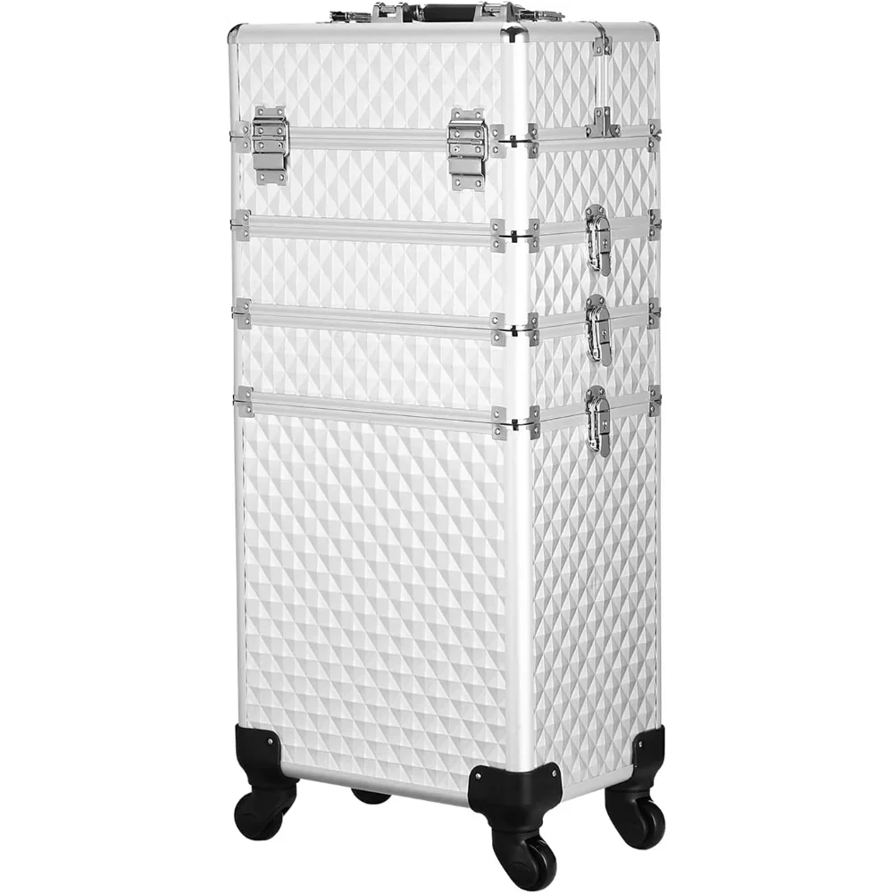 

Channcase 4 in 1 Portable Traveling Aluminum Professional Makeup Trolley Cart with Multiple-Sized Compartments and Wheels, White