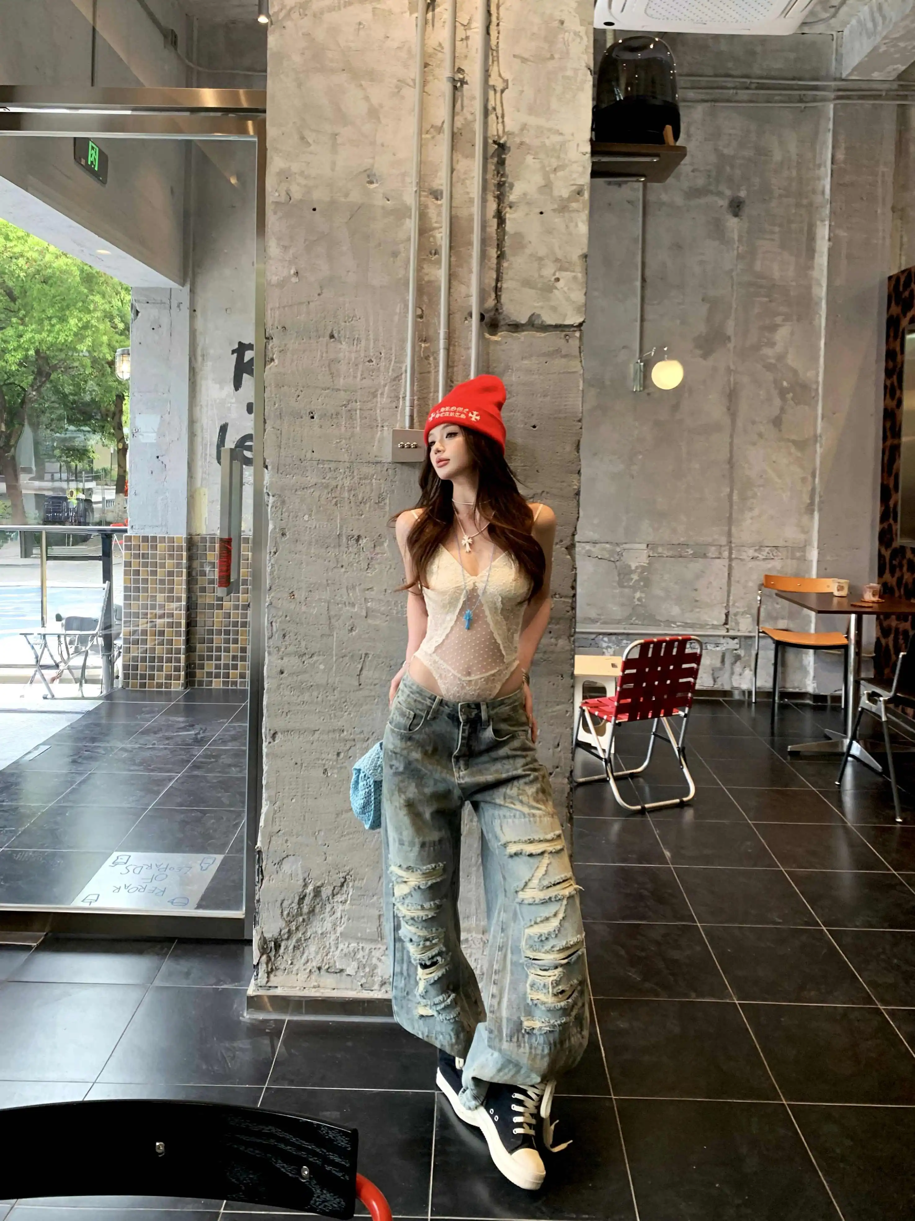 

Women Blue Pocket Baggy Cargo Jeans Harajuku Streetwear 90s Y2k Oversize Denim Trousers Vintage 2000s Style Trashy Jean Pants
