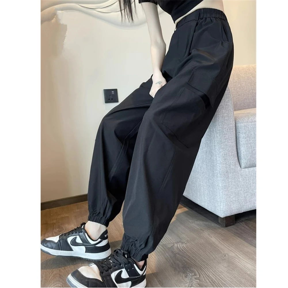 Quick Dry Ice Silk Work Trousers Women Summer Thin Straight Leg Cuffed Casual Pants High Waist Korean Style Commute Style