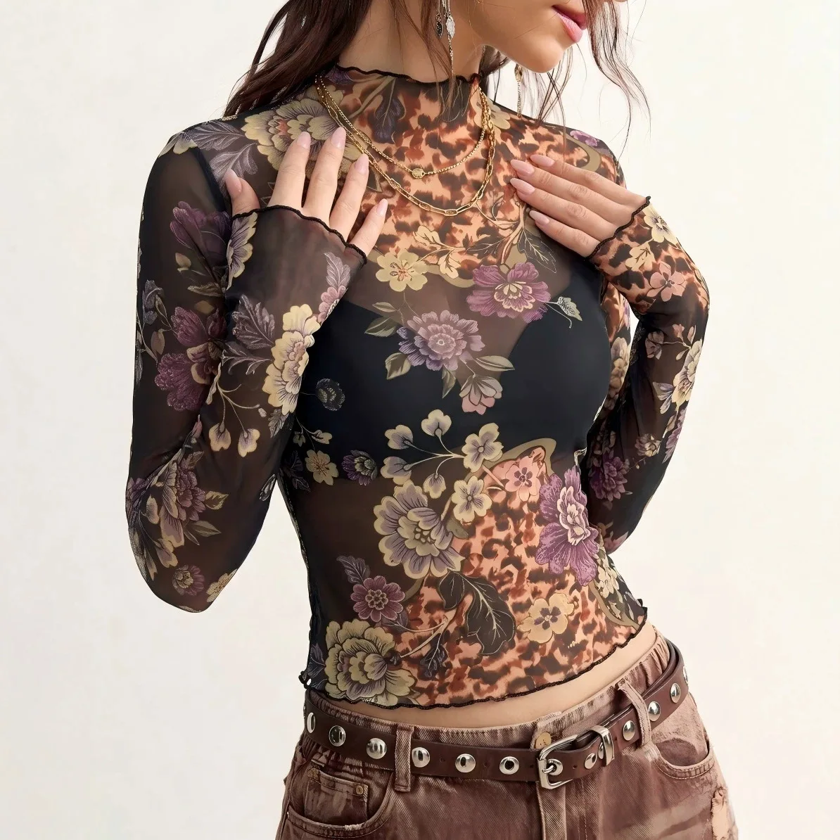 2026 New Floral. Print T-shirt Slim-fit Mesh Long-sleeve Top For Women. Summer Maxi Dress Lace Vestidos Femme Outfits