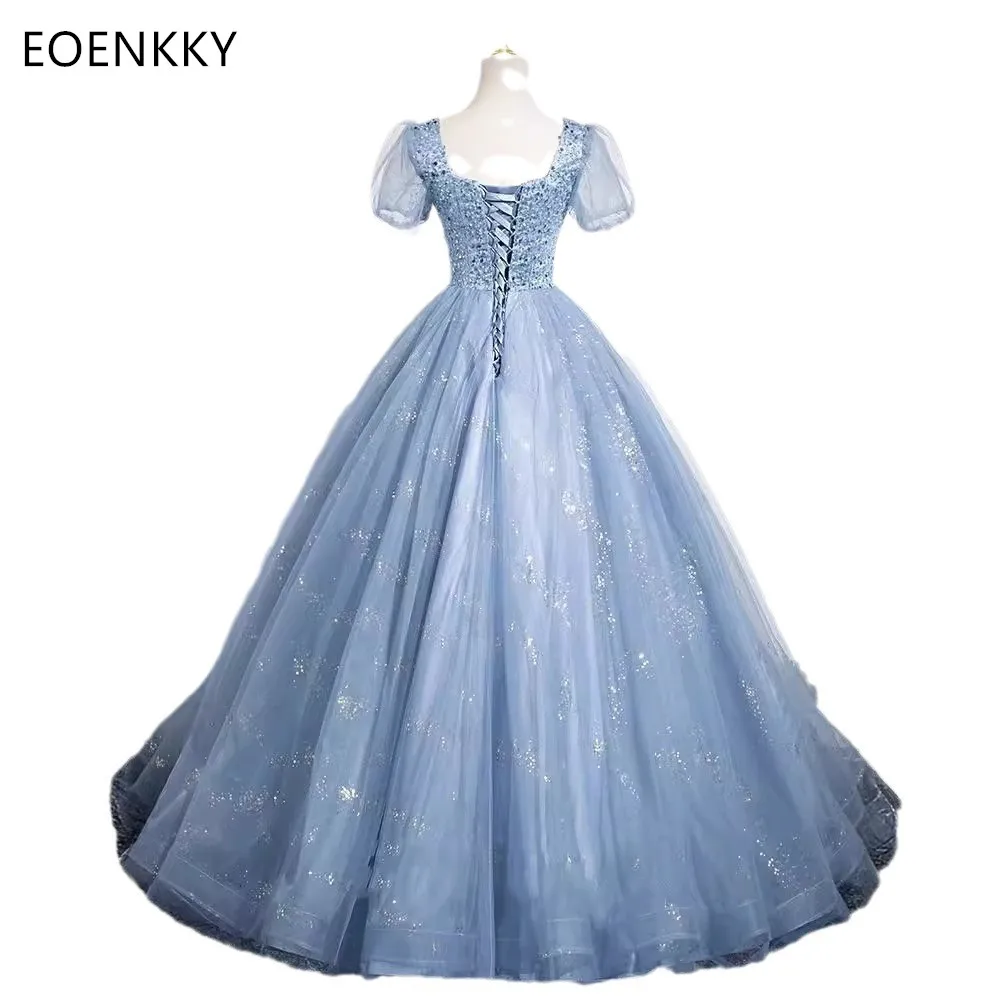 Customized Shiny Tulle Party Dress Sweetheart Short Bubble Sleeve A-line High Waist Princess Ball Dress Formal Evening Gowns