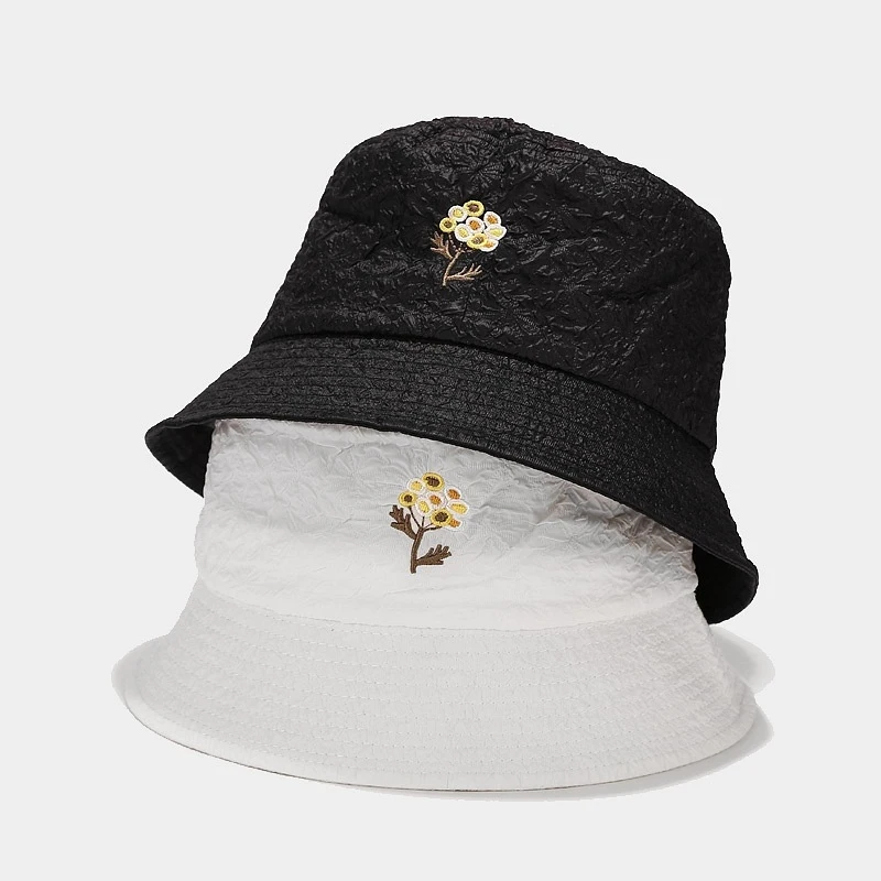 Chrysanthemum Embroidered Bucket Hat Crinkle Fabric Casual Sun Cap