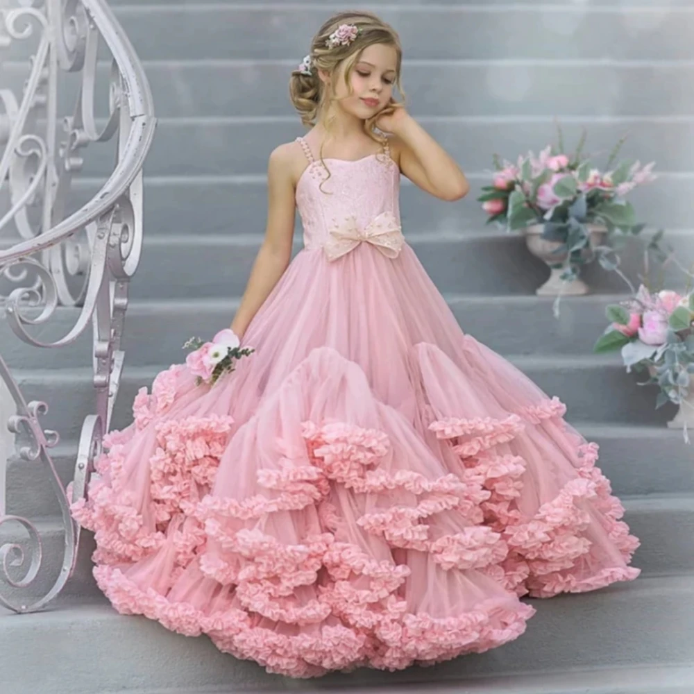 

Pink Flower Girl Dresses Tulle Puffy Tiered Flowers With Bow Sleeveless For Wedding Birthday Party First Communion Gowns