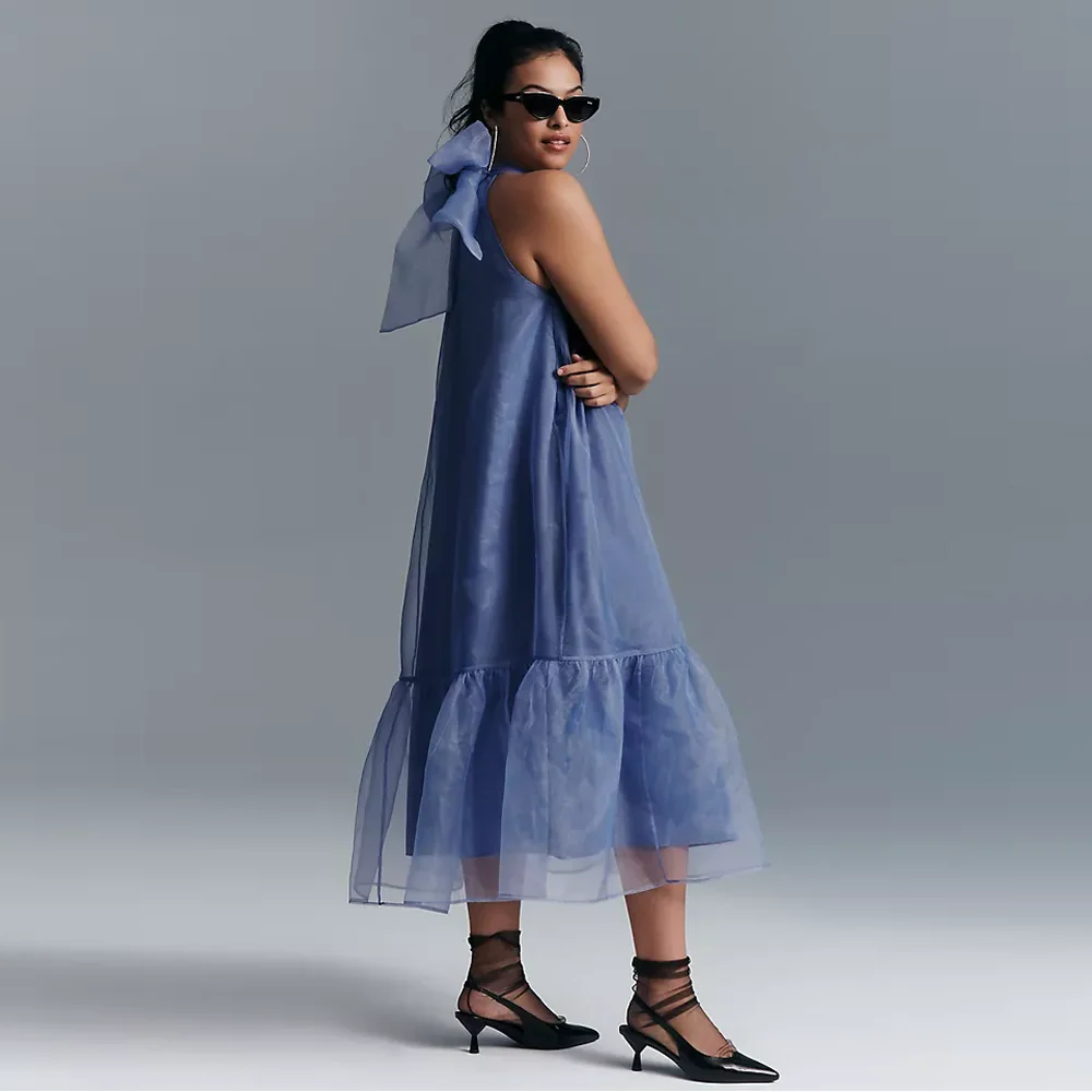 Fashion Dusty Blue Organza Mid Calf Women Dresses Halter Bow A-line Grils Summer Dress Date Party Dress