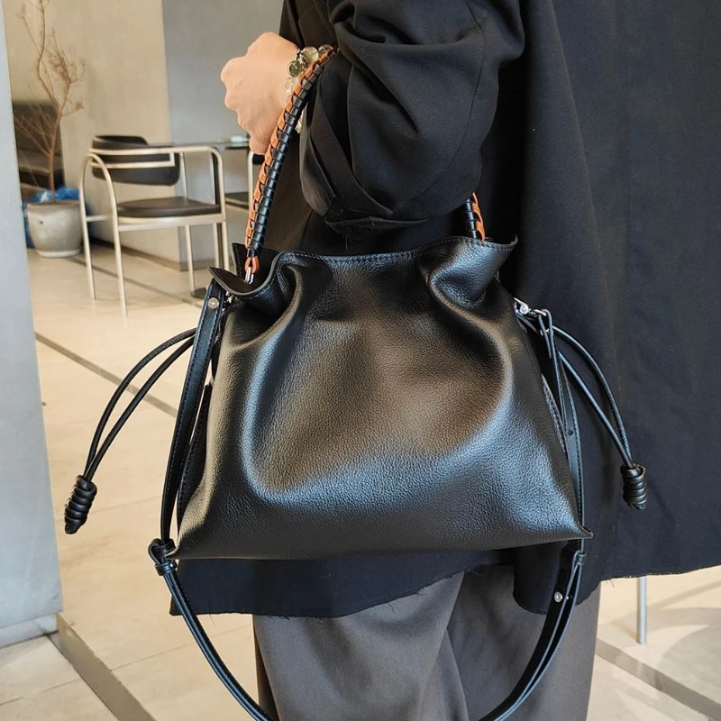 

Custom Initials Leather Bucket Bags For Women Luxury Designer Handbag Purse 2026 New In Cowhide Weaving Handle Underarm Shoulder