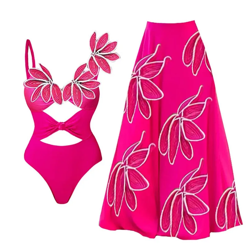 Einteilige Damen-Bademode, Blütenblatt, fluoreszierende Farbe, Badeanzug, Body, Bikini-Set, Strandurlaub, Stil, Tragen, Maxikleid, Rock