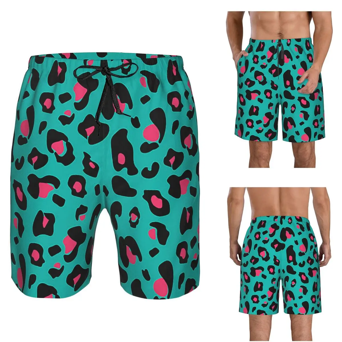 Leopard Print 2 Trunks Beach Board Shorts Casual Quick Dry Swim Summer Men Pants