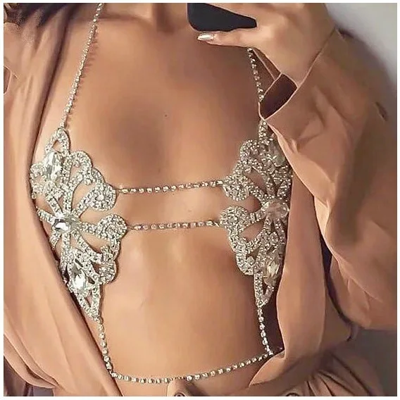 Fashion Sexy Crystal Rhinestone Heart Body Chain Harness for Women Luxury Lingerie Bling Bikini Bra Jewelry Wholesale
