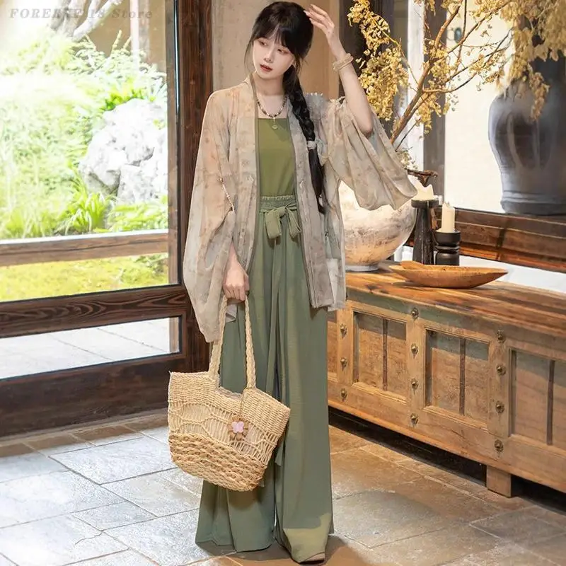 

Новый комплект ханьфу в китайском стиле, женская старинная одежда династии Сун, камзол, кардиган, брючный костюм, традиционные винтажные костюмы