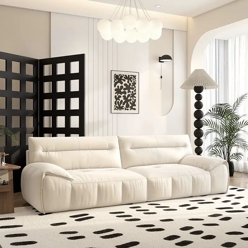 Small apartment fabric straight row puffs marshmallow sofa living room rental room