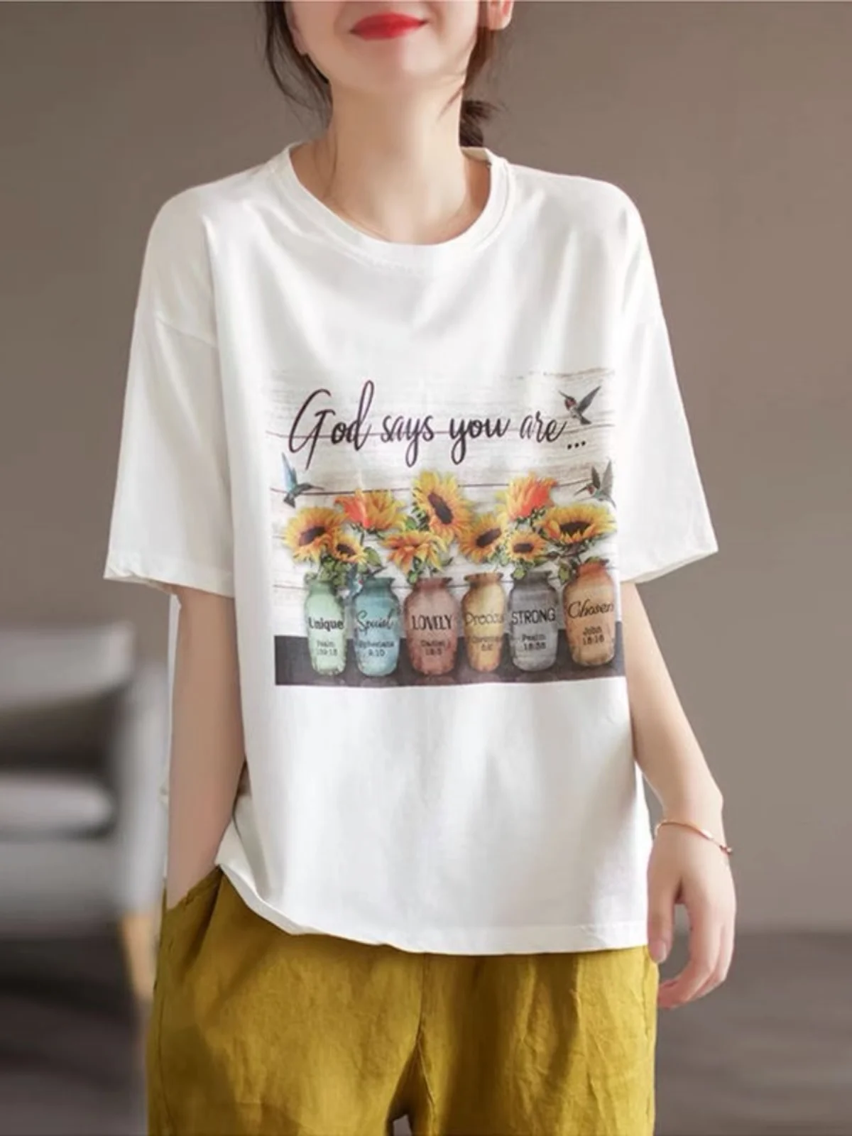 Summer 2025 Loose Fit Printed ort Sve T-irt Women's Faionable Agel Oversize Pullover Base irt Korean Sle