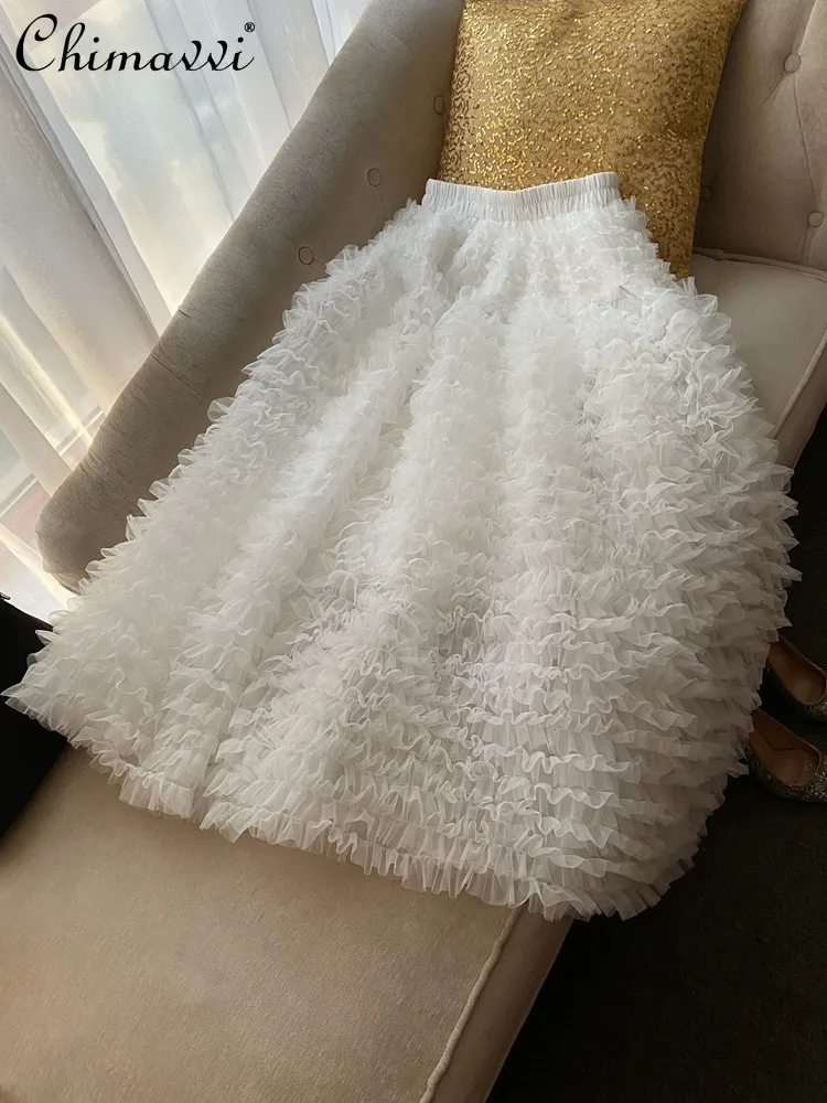 

Fairy Ruffled Mesh White Midi Skirt Spring Autumn New Heavy Craft Fashion High-end Elegant Girls Women's Long Midi Skirt