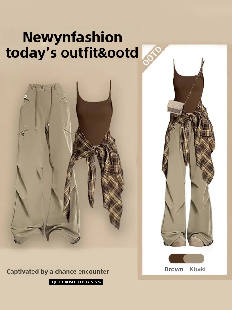 

Retro American Design Checkered Shirt Wide Leg Pants Women's Fashionable Workwear Pants Street Style Spicy Girl Long Sleeve P...