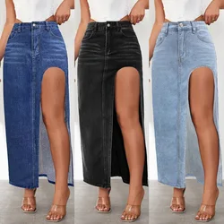 Women Split Denim Skirt Low Waist Distressed Bodycon Wrapped Long Jeans Skirt Y2k Sexy Vintage Casual Skirts Streetwear
