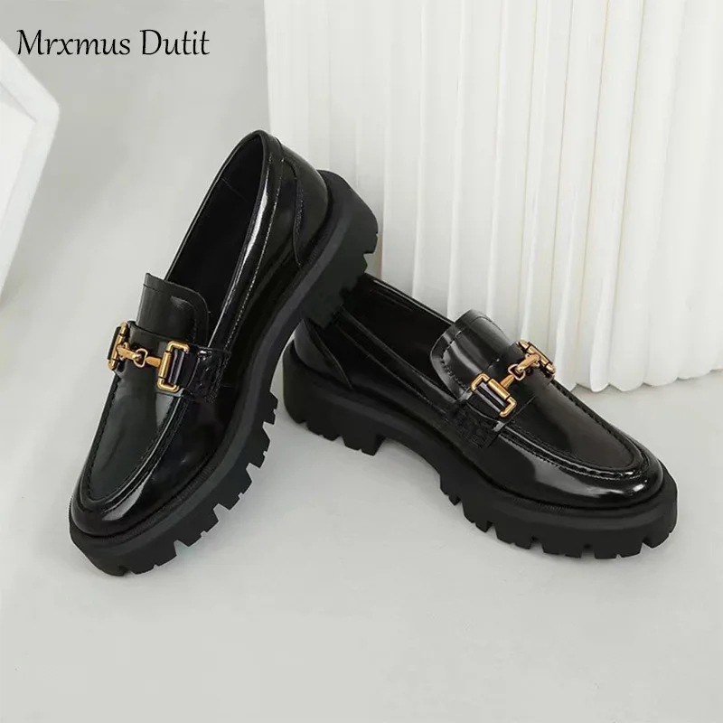 Mrxmus Dutit 2022 New Women Genuine Leather Round Head Thick Loafer Shallow Black Wild Casual Simple Slip-on Shoes Female Chic