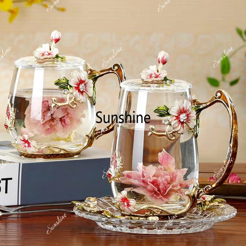 Beautiful Flower Tea Glass Mug Enamel Coffee Cup and Mug for Hot and Cold Drinks Home Tea Cup Spoon Set Perfect Gift for Mom