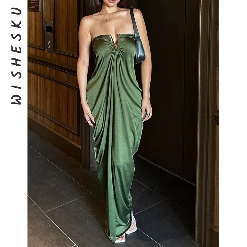 セクシーなストラップレスオフショルダーサテンマキシドレス レディース ノースリーブ ソリッドグリーン フェアリーサンドレス 2025 夏の夜 プロム エレガントな服
