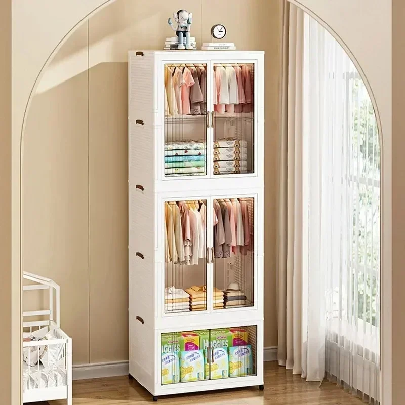 Room Organiser Wardrobe , Foldable Storage Rack with Lid with Double Door Closet Cabinet Bin for Bedroom, Children's Room, Study